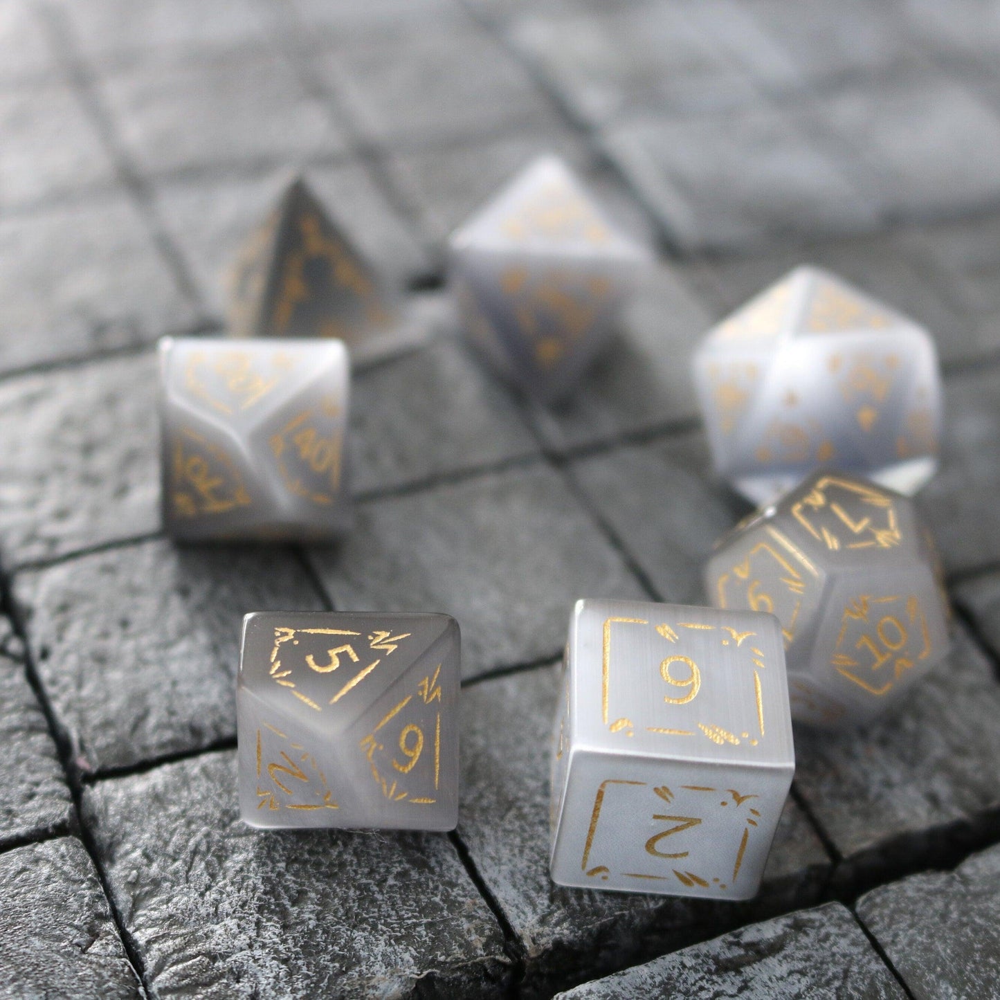 Dragon Shield Gray Cats Eye Gemstone DND Dice Set